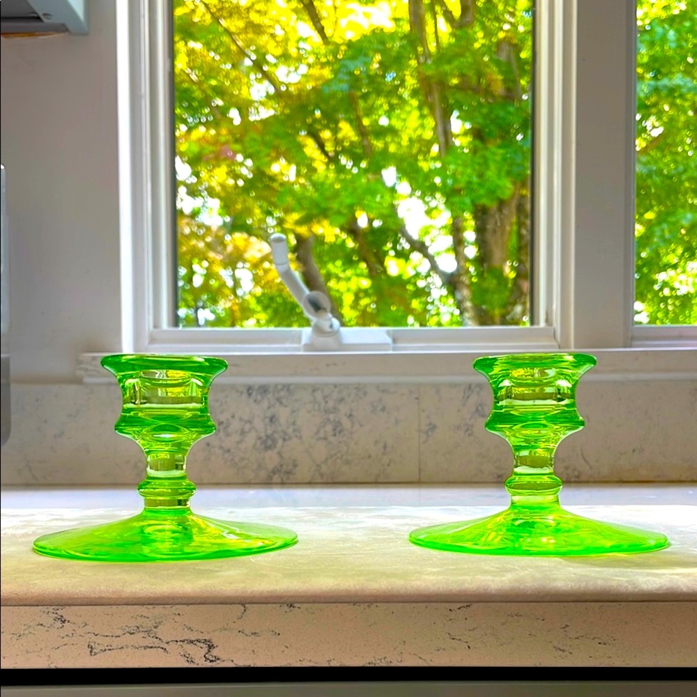 Fostoria Candlesticks Uranium Glass Green Vintage Pair of 2 Pristine Etched Glow